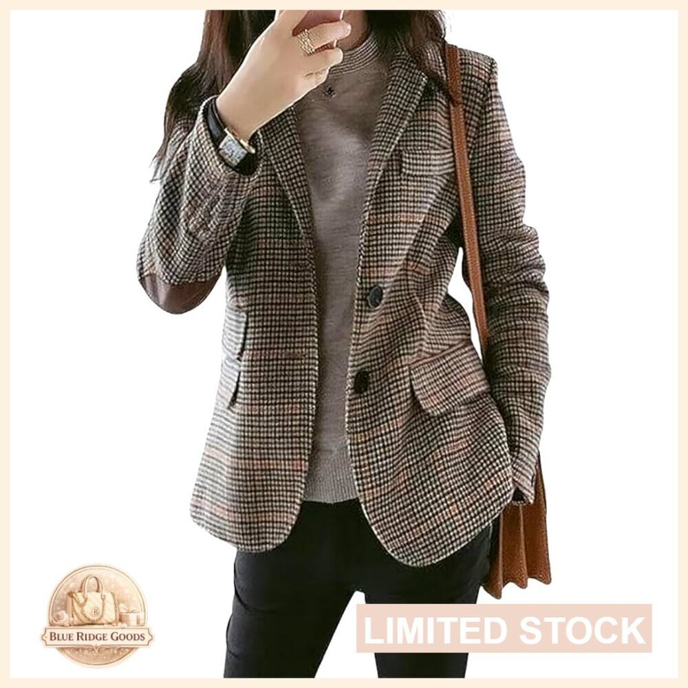 Vintage Houndstooth Blazer Slim Fit Boyfriend Style Patched Elbow Office Chic